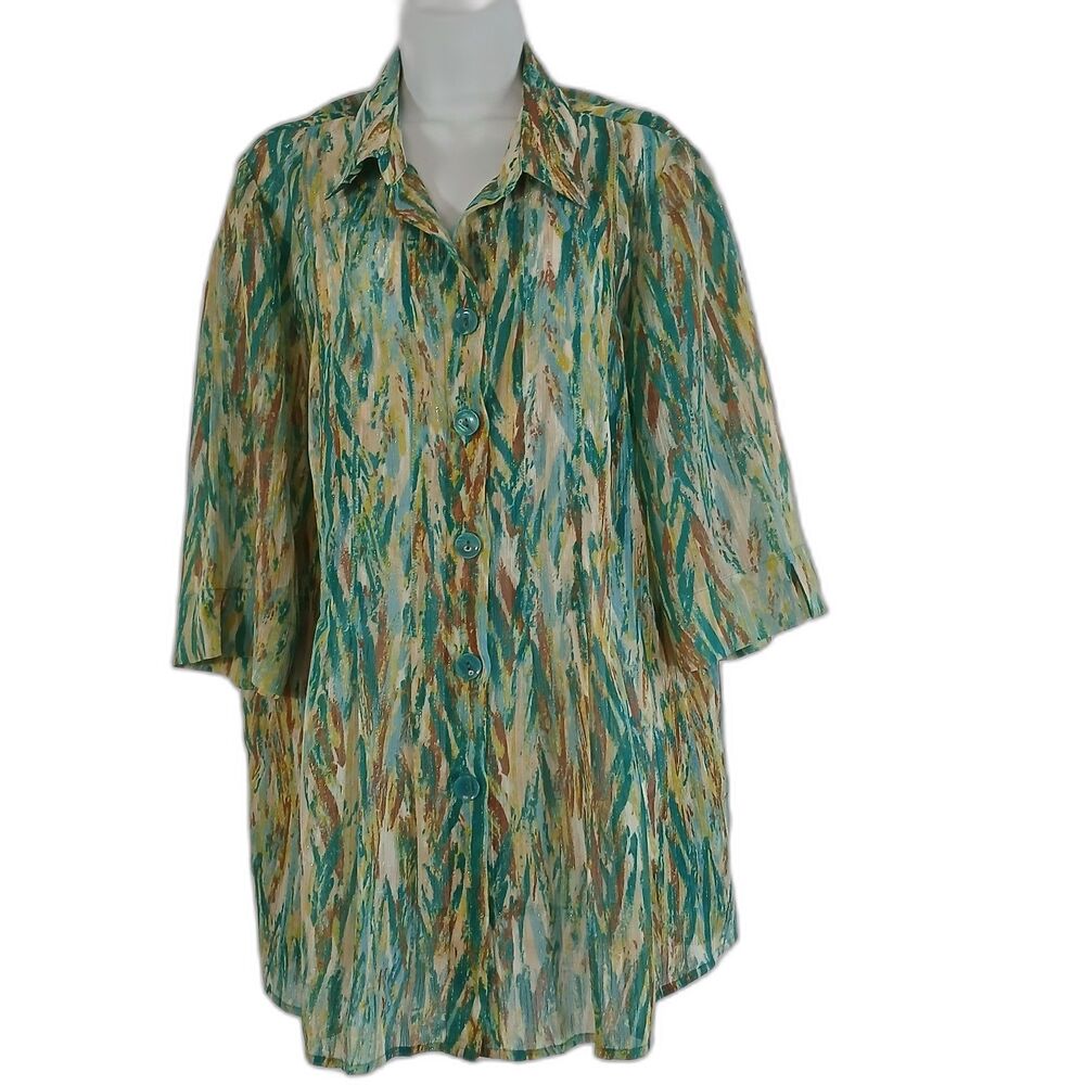 Maggie Barnes Top Green Gold Button Up Sz OX Casual Travel Office Wear